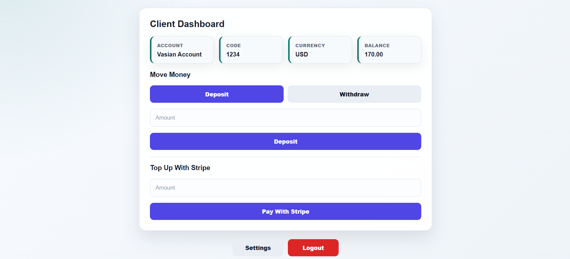 AccountManagementAPI user dashboard screenshot