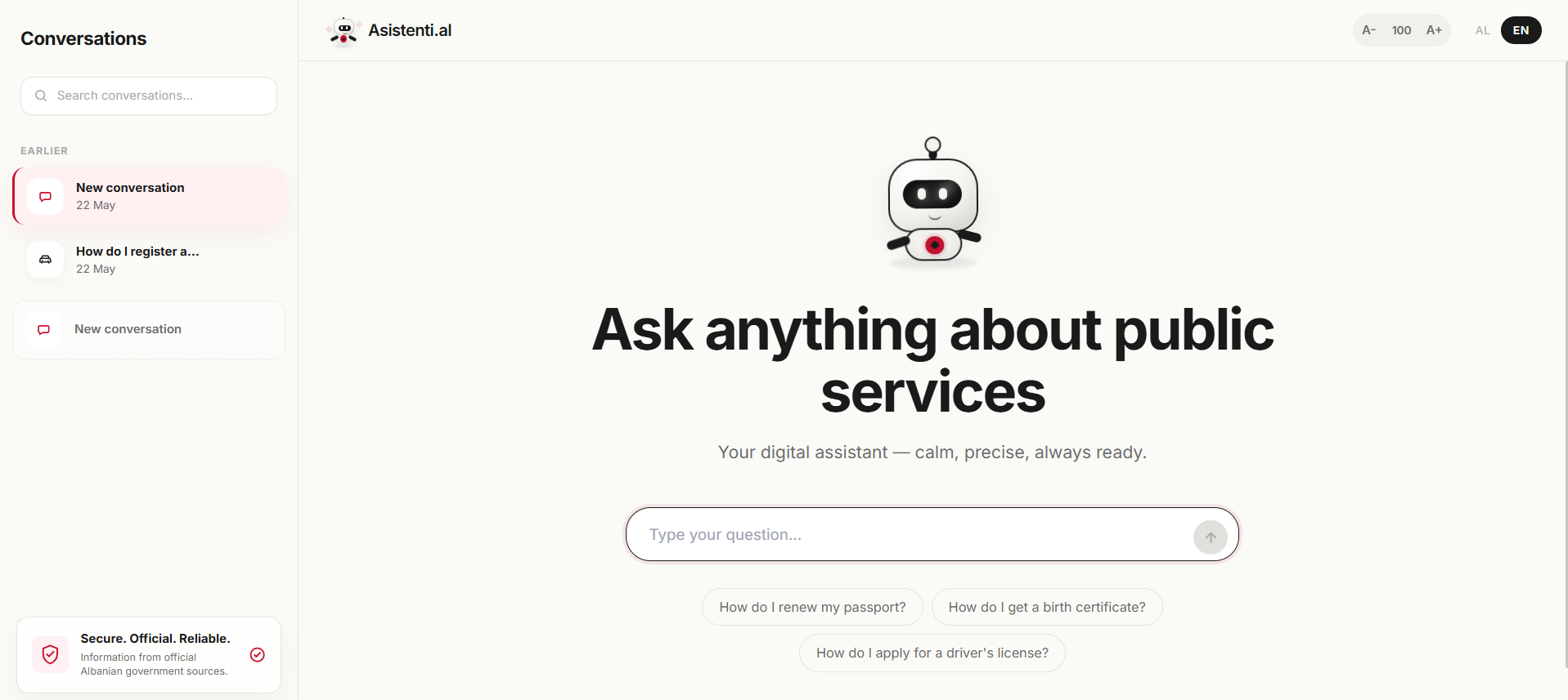Asistenti.al chat landing interface screenshot
