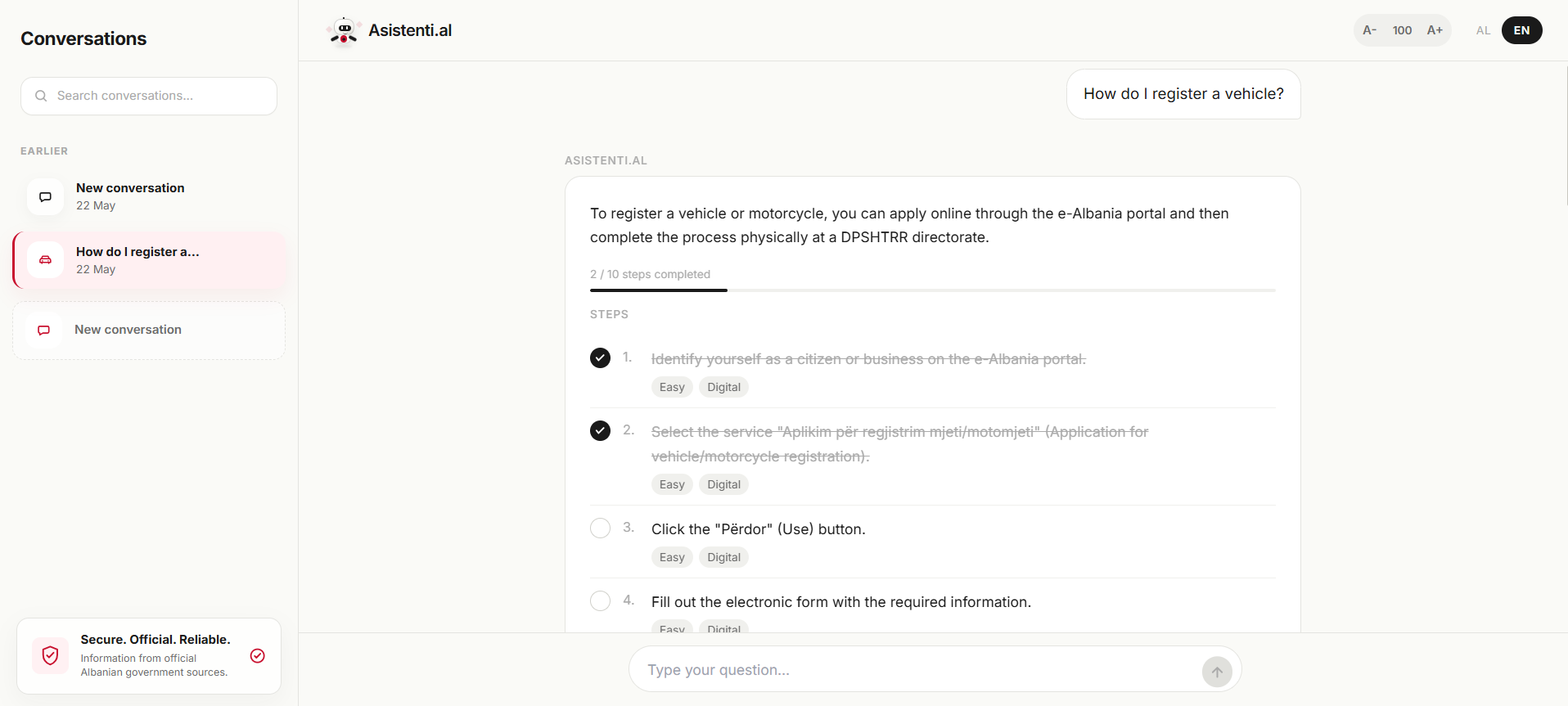 Asistenti.al chat response interface screenshot