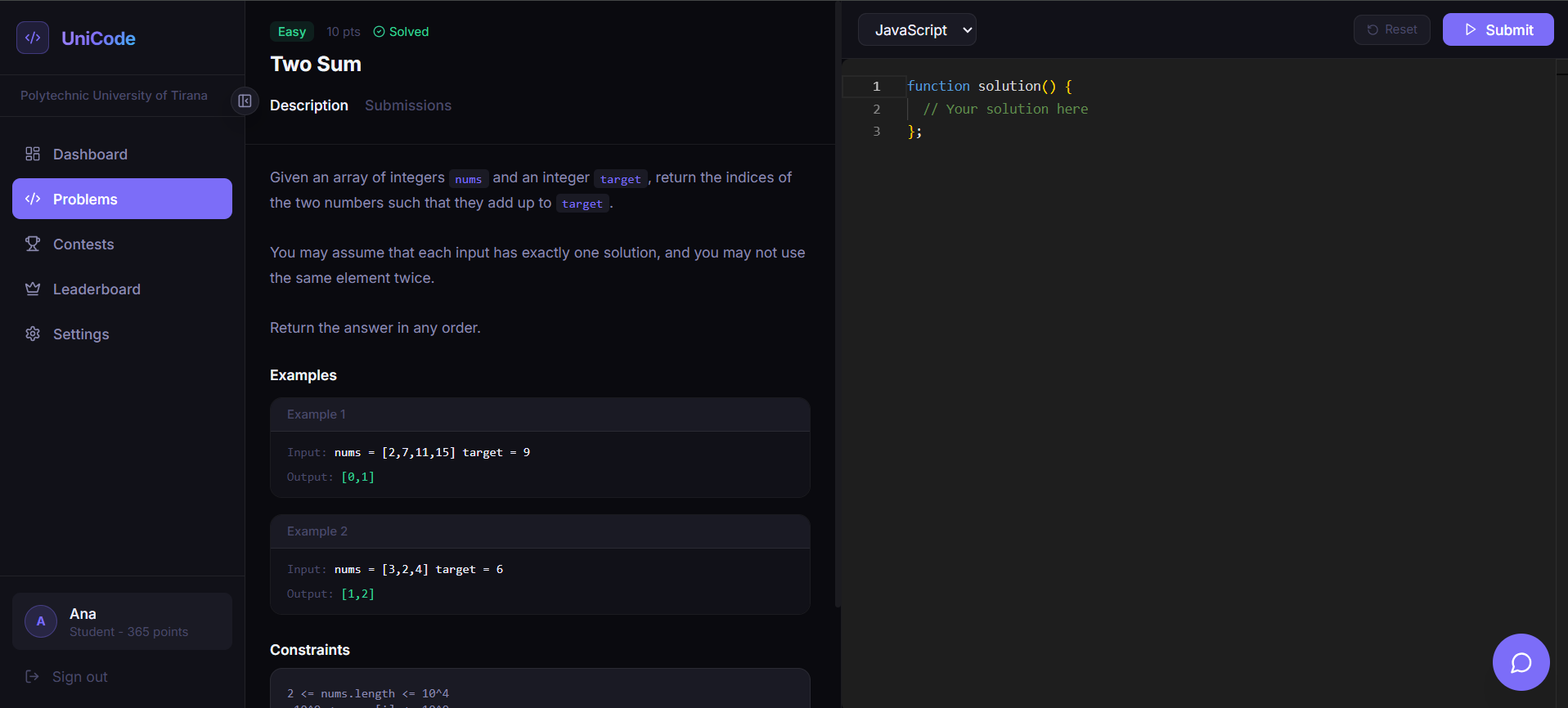 UniCode platform interface screenshot